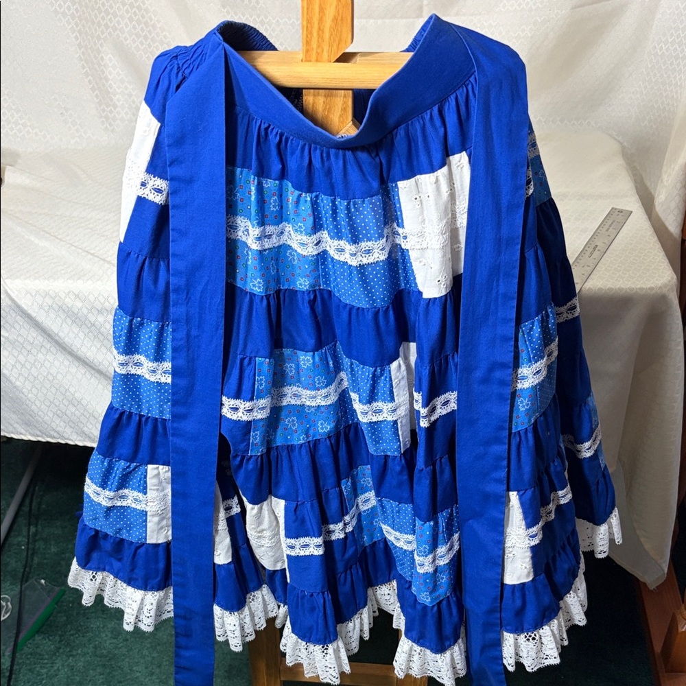 Blue and White Tiered Skirt with Lace Trim Square Dance homemade skirt